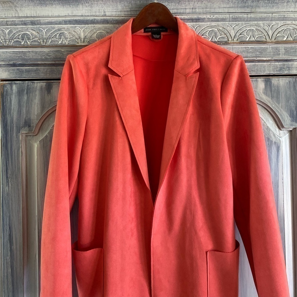 Joan VASS Shawl Collar Open Front Faux Leather Mid Jacket - Picture 3 of 9